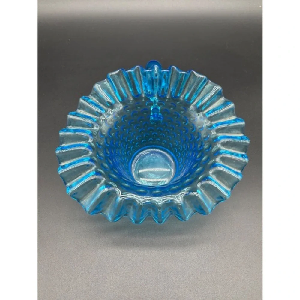 Blue Hobnail‎ Glass Ruffled Creamer Pitcher Dish Vintage